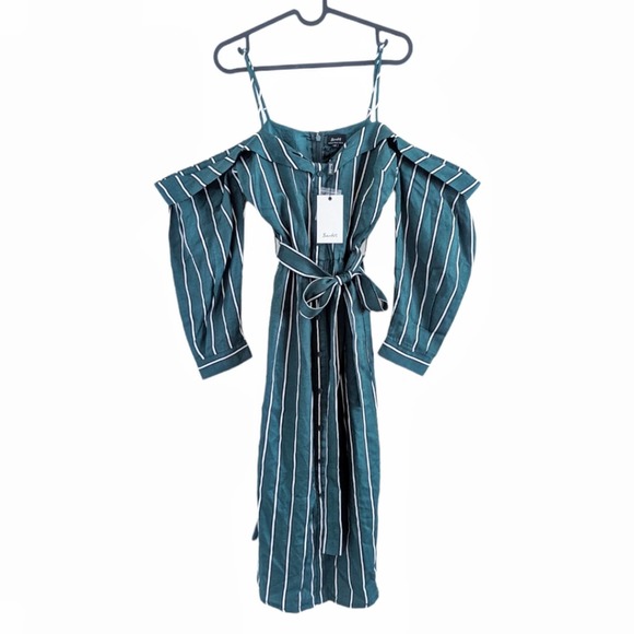 Bardot Paloma Teal Green Striped Cold Shoulder Dress US Size 6 (Small) - Picture 2 of 10